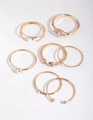 Gold Plated Buterfly Diamante and Pearl Fine Ring Pack Silver Heart Round Shape Twisted Multiple Rings