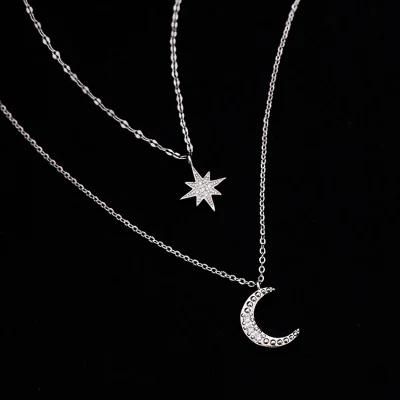 Fashion Silver Color Star Moon Double Necklace Women&prime;s Clavicle Chain Fashion Jewelry