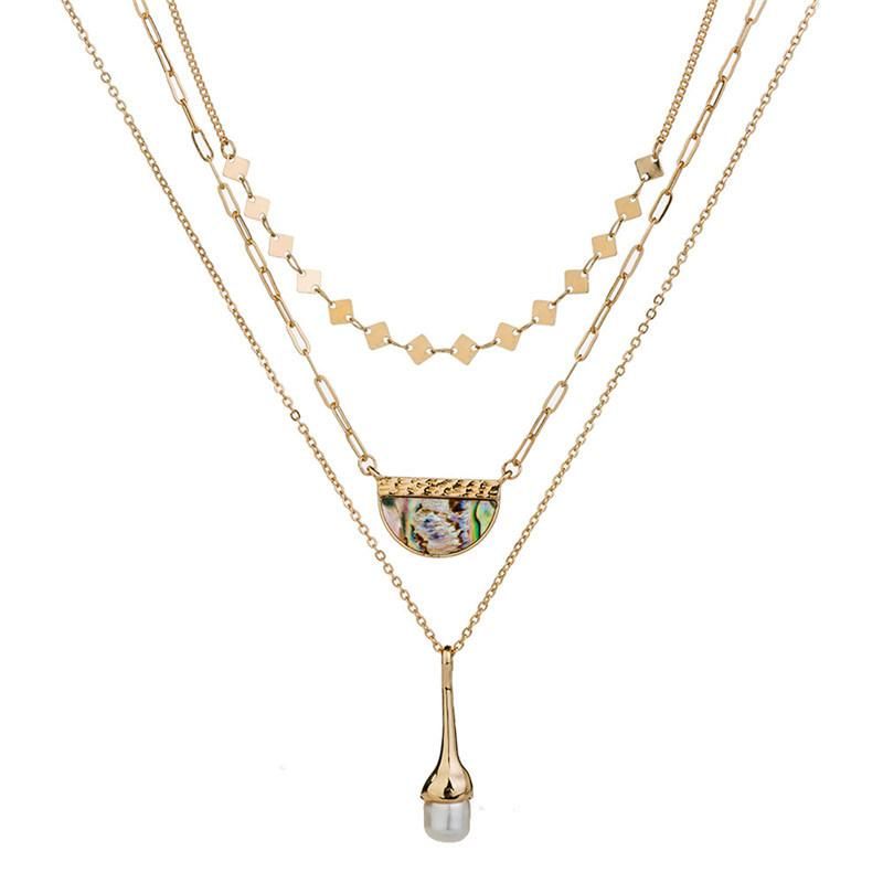 3 Layered Necklace with Diamond Shape Stamping Choker Semi-Circle Arch Abalone Pendant Dumbbell Drop Pearl Multiple Necklace for Trendy Fashion Women Lady Girls