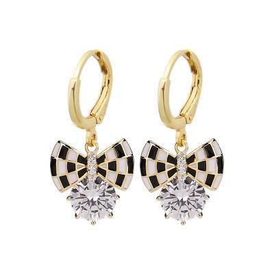 2022 New Design Black White Epoxy Enamel Bow Crystal Glass Pendant Huggie Drop Hoop Earrings for Fashion Lady Women Girls