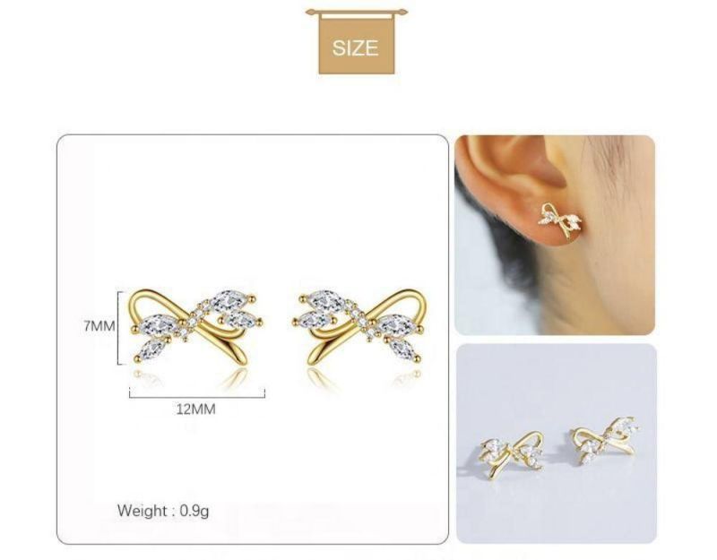 Real 925 Sterling Silver Hollow Bowknot with Oval Zircon Shiny Stud Earrings for Women Sweet Girls Jewelry Gift