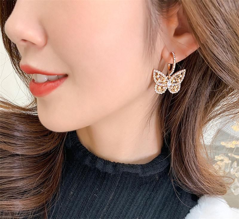 14K Gold Plated Fashion Jewelry Pave Glass Stone Mini Hoop with Statement Bling Butterfly Drop Earrings for Women