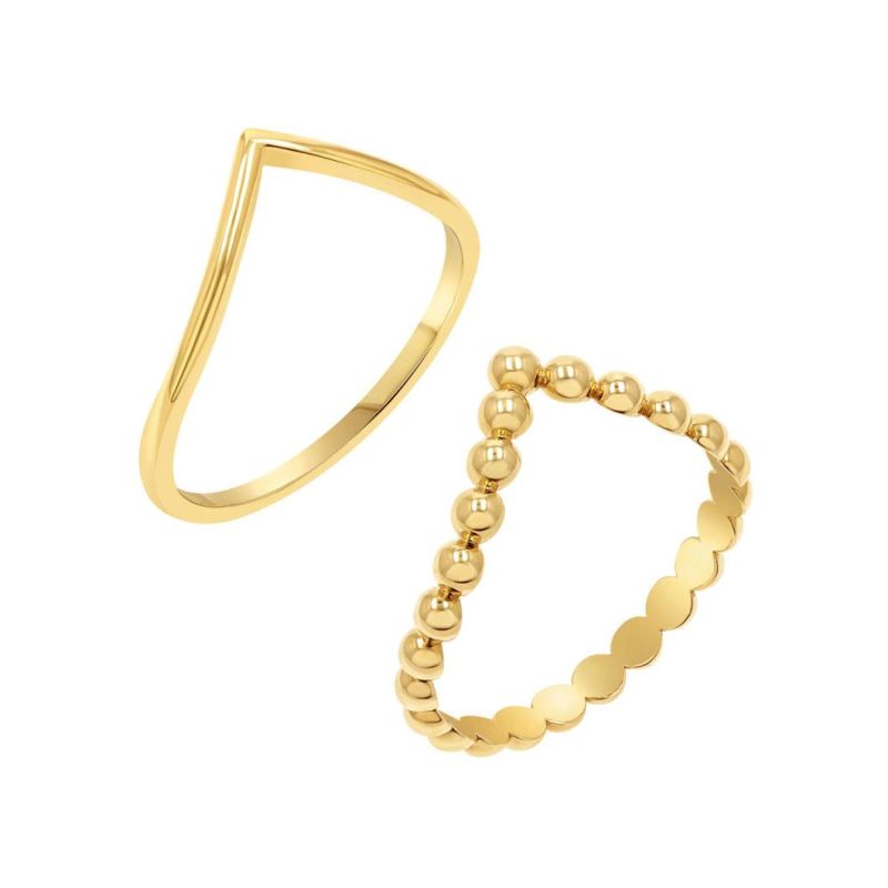 Destiny V Plain Shape Simple 18K Pure Solid Gold Beaded Wishbone Stacking Finger Ring for Women Girls Customization Jewelry