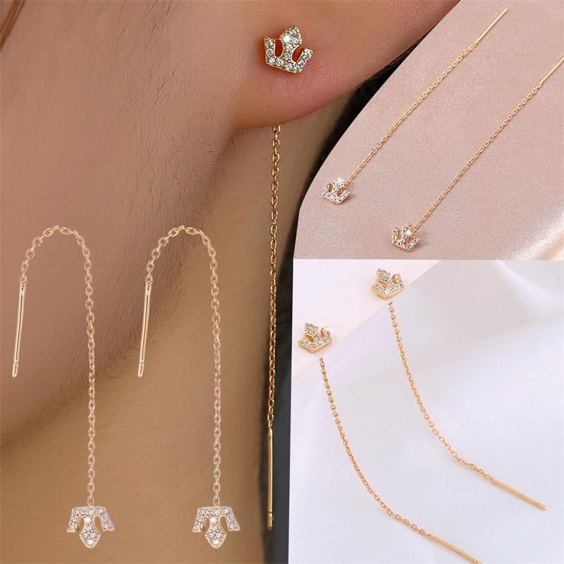 2022 Manufacture New Design Fashion 18K Gold Jewelry Brass Alloy Crystal CZ Crown Pendant Drop Long Thread Line Threader Earrings for Women Girl Bijoux