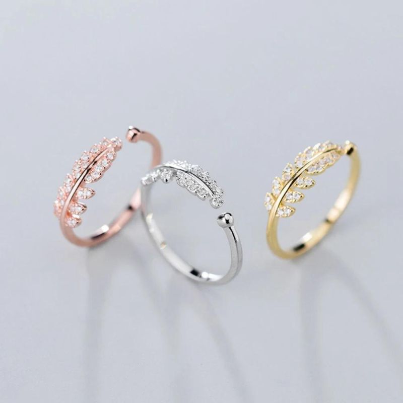 925 Sterling Silver Ring Leaf with Zircon Adjustable Ring Women Men Classic Fashion Jewelry