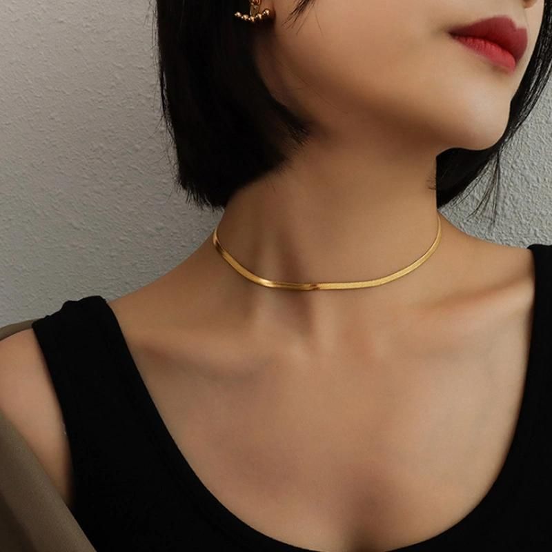 18K Gold Plated Jewellery Herringbone Flat Snake Bone Chain Choker Necklace for Women