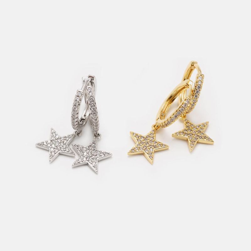 18K Gold Plated Star Hoop Drop Zircon CZ Earrings for Women