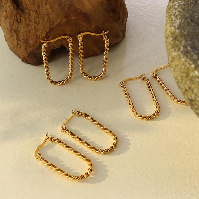 U-Shaped Twist Rectangular Exaggerated Titanium Steel Plated 18K Gold Earrings