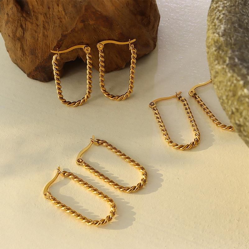 U-Shaped Twist Rectangular Exaggerated Titanium Steel Plated 18K Gold Earrings