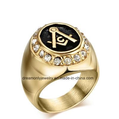 Men Masonic Ring 18k Gold Plated 316L Stainless Steel with CZ Crystal Vintage Master Gold Biker