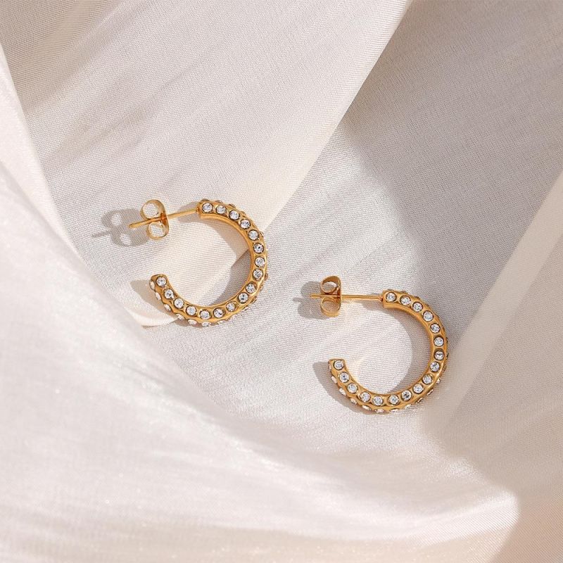 Custom Fashion Jewelry European and American Fashion Fashion Light Luxury Earrings Jewelry Stainless Steel 18K Gold-Plated Zirconium C-Shaped Earrings