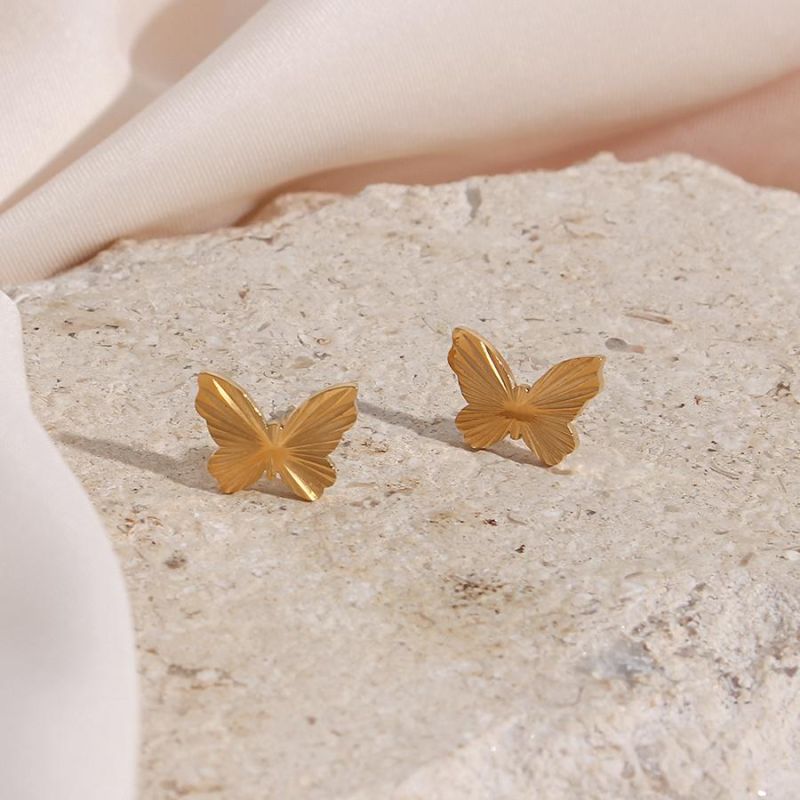 Manufacturer Custom High Quality Fashion Jewelry Waterproof Tarnish Free PVD 18K Gold Stud Earring 316 Stainless Steel Butterfly Earring