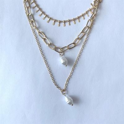 Fashion Jewelry 3 Layered Link Chain Pearl Choker Necklaces with Curb Links and Mini Bars Fashion Accessories