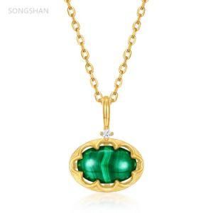 Malachite Crystal Double Side Gemstones Pendant Two-Way Wearing Gemstone Charm S925 Sterling Silver Gold Plated Jewelry