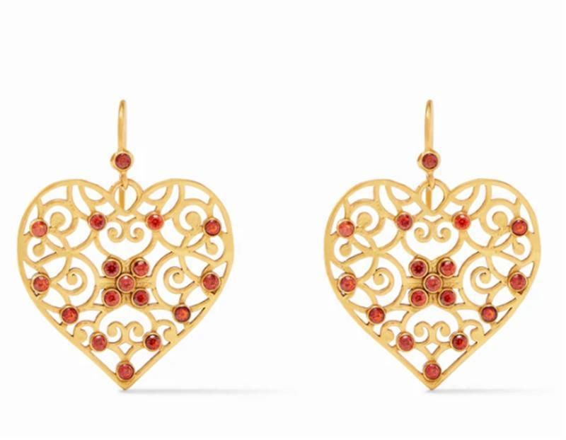 Women Fashion Accessories Geometric Filigree Heart Shape Statement Earring with Gemstone Glass Stone Jewelry