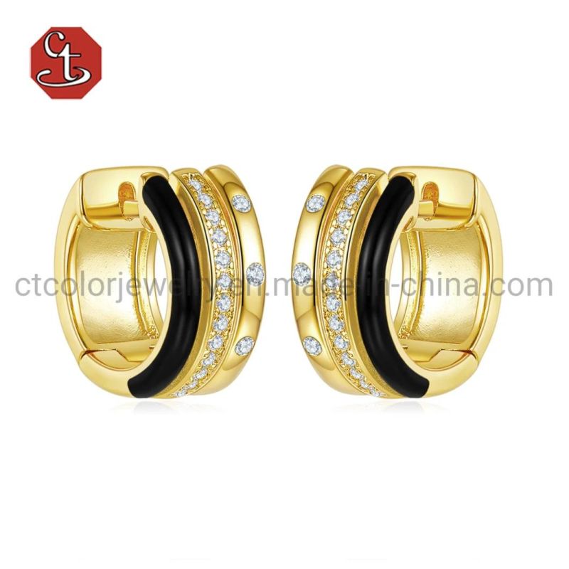 Gold Plated Fashion Jewelry Silver Hoops 925 Sterling Silver Black Enamel Earring