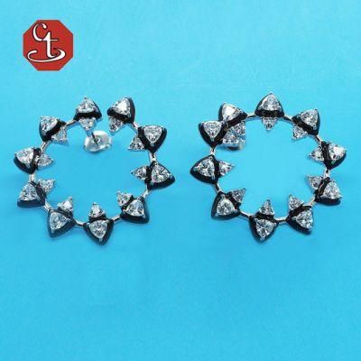 Women Girl Gift Fashion White Black Color Enamel Triangle CZ Cubic Zirconian Round Hoop Earring Fashion Sterling 925 Silver Jewelry