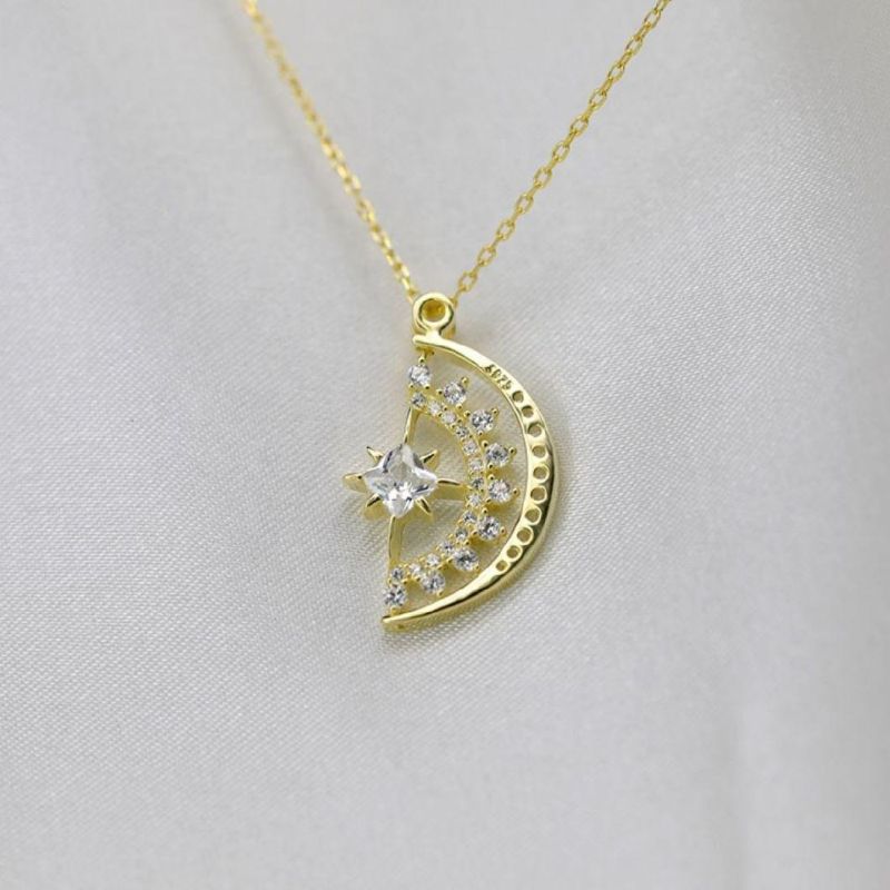 925 Sterling Silver 14K Gold Plated Shiny Zircon Moon Pendant Necklace Women Wedding Fashion Party Jewelry Gift