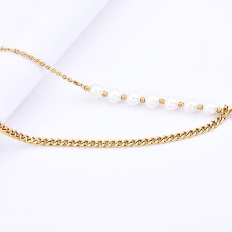 Unique Piece with Freshwater Pearl and Chain Link Toggle Necklace Stainless Steel 18K Gold Plated for Ladies