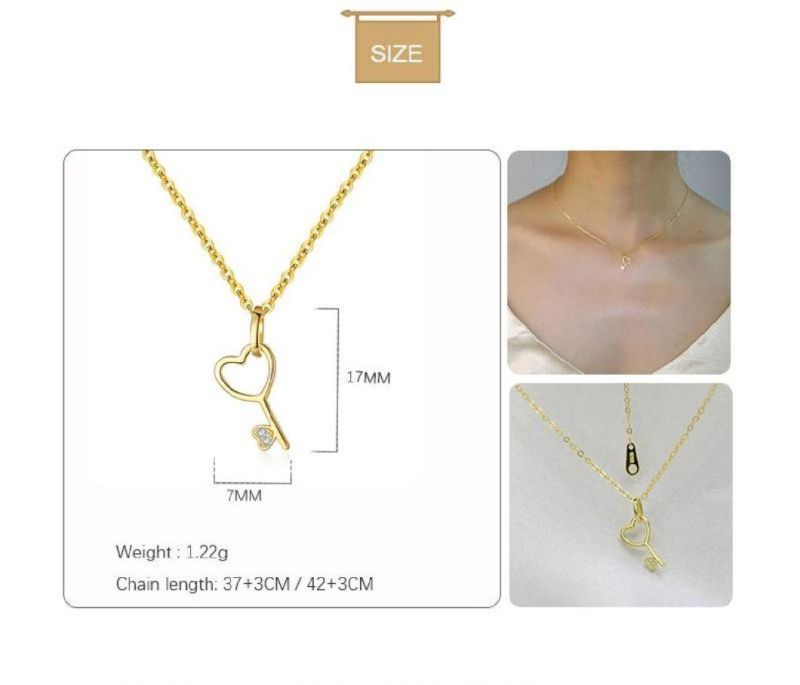 925 Sterling Silver 14K Gold Plated Hear Zircon Key Pendant Clavicle Chain Necklace Women Party Jewelry Gift