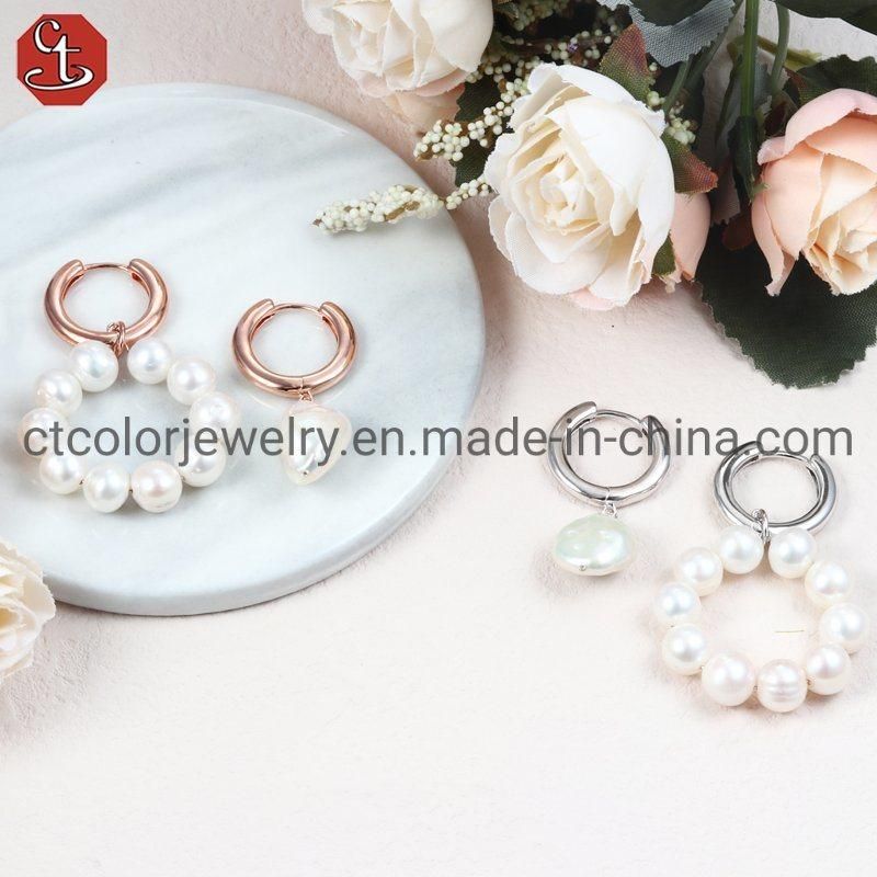 Wholesale OEM Fashion Jewelry Silver and Brass Freshwater Pearl Drop Earring for Women