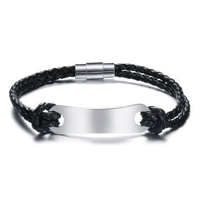Stainless Steel PU Leather Hand Rope Black Leather Titanium Steel Accessories Personality Lettering