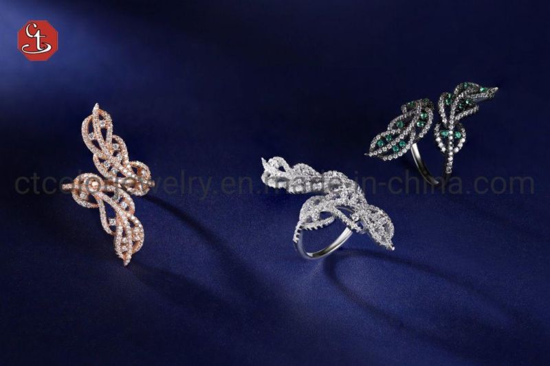 Leaf Shape CZ Silver Open Rings Brass Adjustable Ring Jewelry