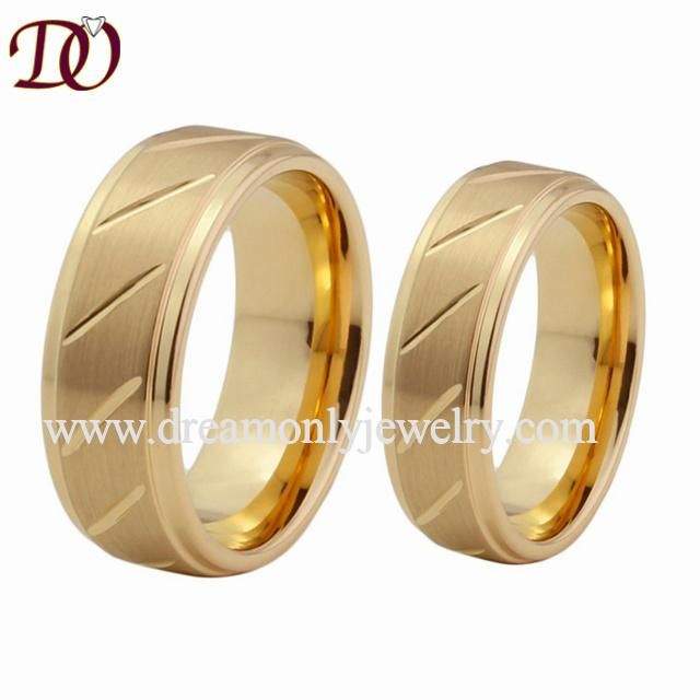 Gold-Color Tungsten Wedding Band with Brushed and Grooved Finish