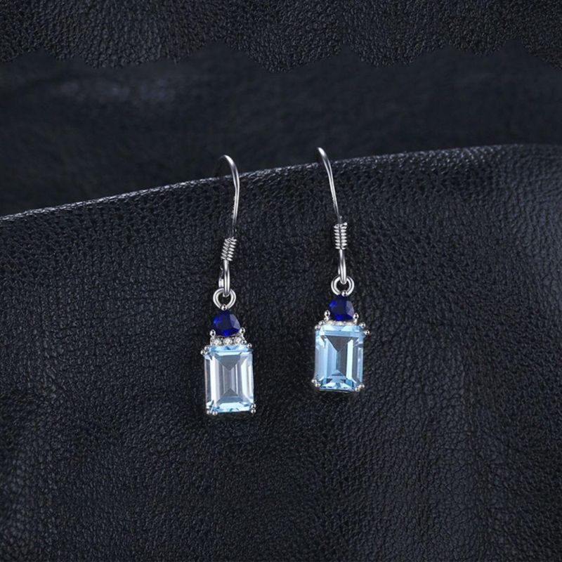 Sky Blue Topaz Created Blue Sapphire Drop Earrings Emerald Cut Gemstone Silver Jewelry