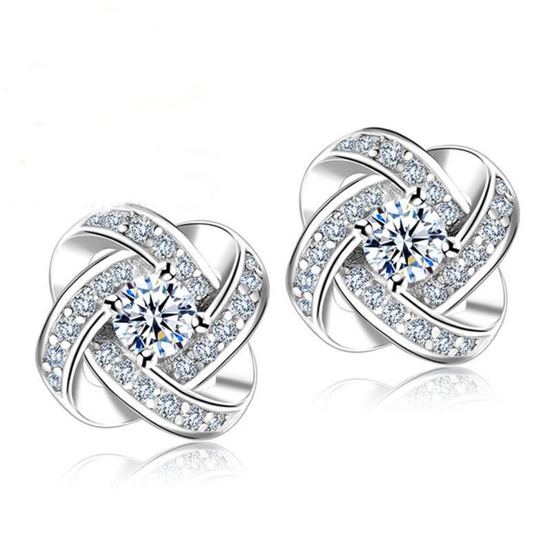 Crystal 925 Sterling Silver Knot Flower Earrings Women Fashion Wedding Jewelry