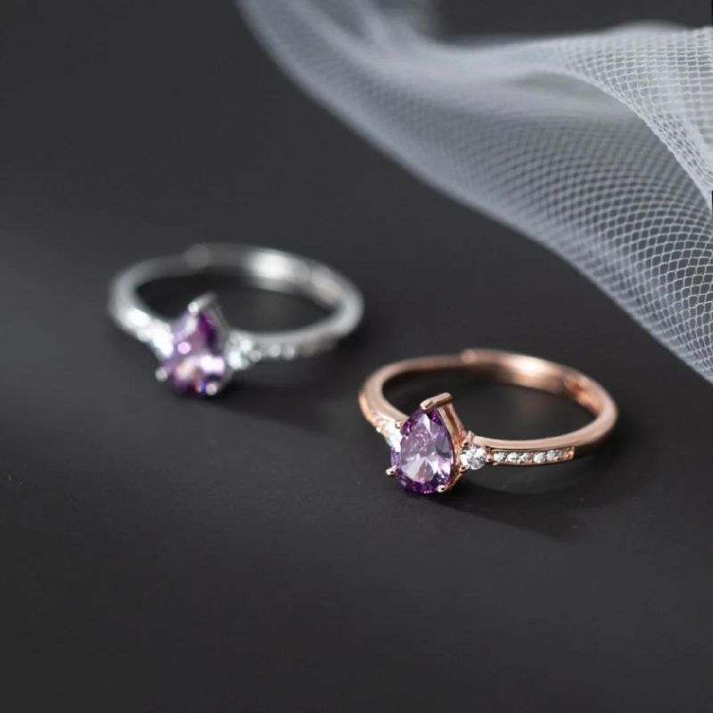 925 Sterling Silver Ring 5mm Purple CZ Stone Adjustable Ring Women Light Luxury Fashion Wedding Jewelry