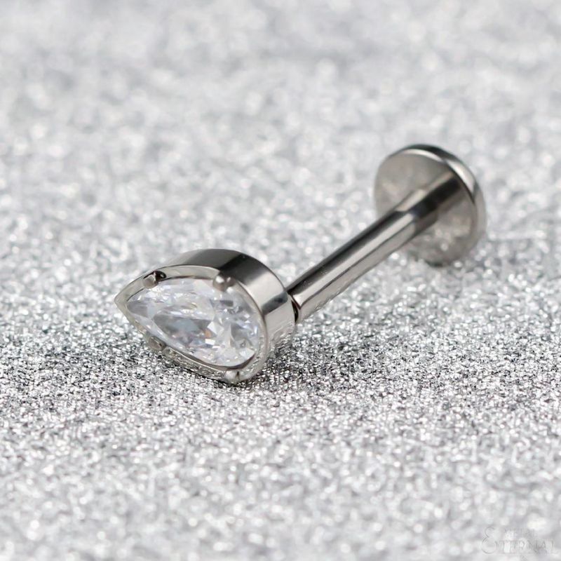 Eternal Metal ASTM F136 Titanium Internally Threaded Labret with Teardrop Shaped CZ Body Piercing