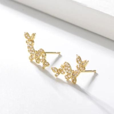 925 Sterling Silver 18K Gold Plated CZ Elegant Three Butterfly Stud Earring
