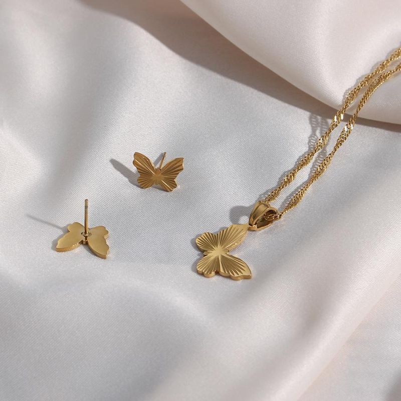 Manufacturer Custom High Quality Fashion Jewelry Waterproof Tarnish Free PVD 18K Gold Stud Earring 316 Stainless Steel Butterfly Earring