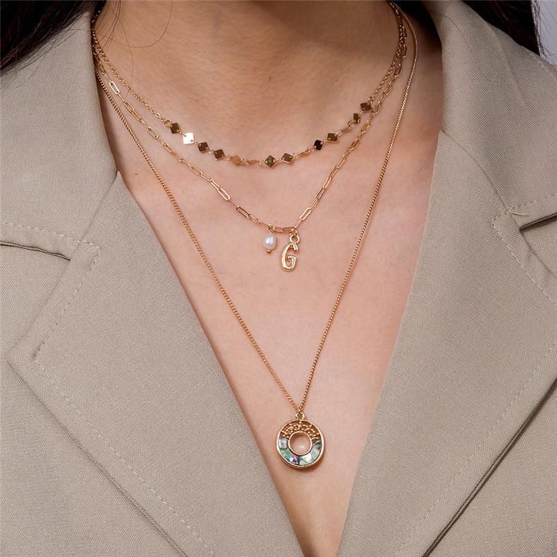 Manufacture Best Sell Fashion Women Jewelry Square Chain Pearl Number Six Charm Cut out Round Pendant 3 Layered Multiple Fashion Necklaces with Abalone Shell