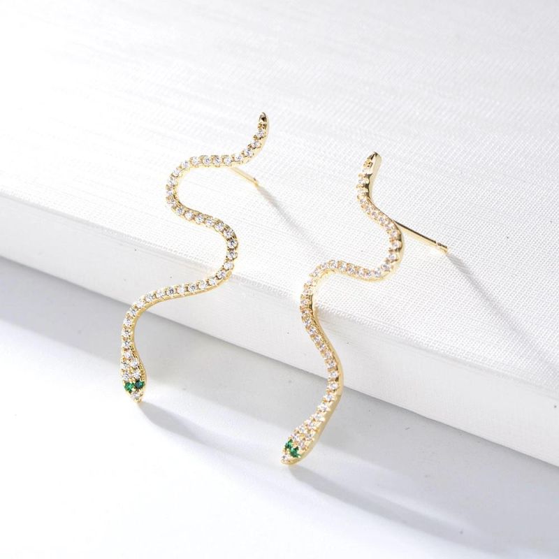 Fashion 925 Sterling Silver 14K Gold Plated Zircon Snake Stud Earrings