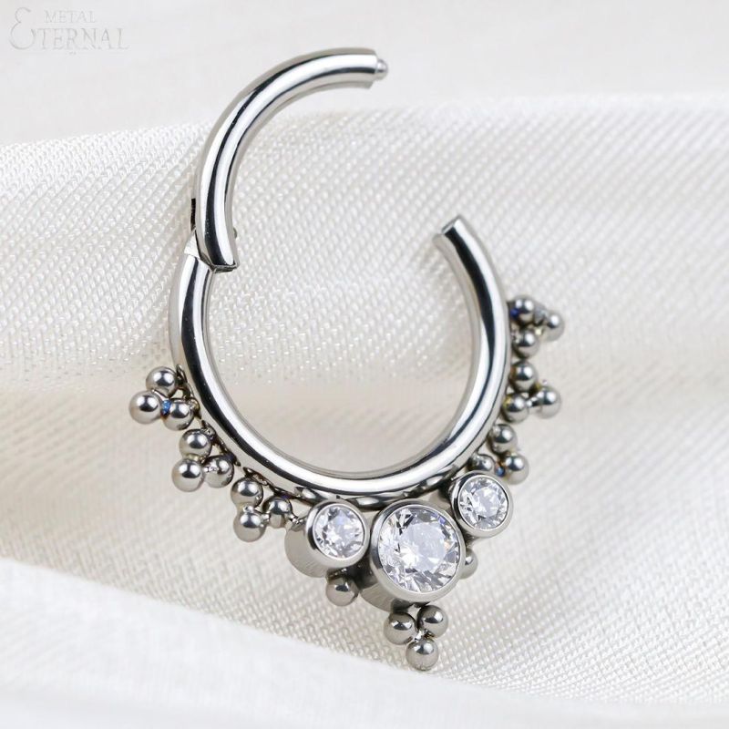 Eternal Metal ASTM F136 Titanium Hinged Clicker Nose Rings with Bezel Set CZ and Beads Clusters Piercing Jewelry