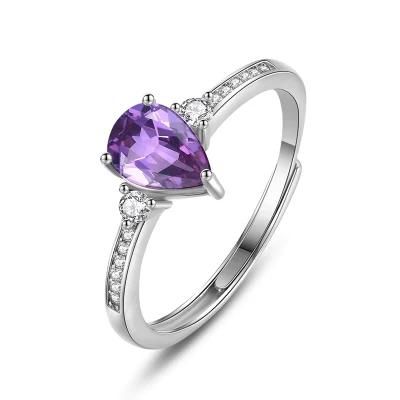 925 Sterling Silver Ring 5mm Purple CZ Stone Adjustable Ring Women Light Luxury Fashion Wedding Jewelry