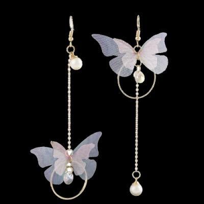 New Asymmetric Bow Fashion Butterfly Hoop Earrings Korean Women Temperament Long Tassel Pearl Earrings Jewelry