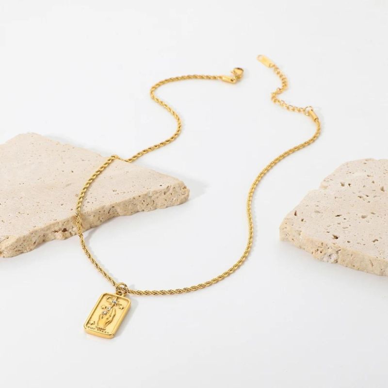 Factory Customized Fashion Hand Carved Zircon Gold-Plated Stainless Steel Rectangular Pendant Simple Necklace Jewelry