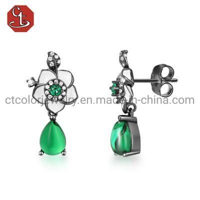 Wholesale Fashion Jewelry Elegant Flower Enamel 925 Sterling Silver Black plated Emerald Stud Earrings Women Jewelry