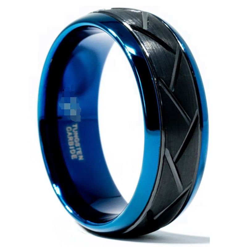 8 mm Black/Blue Two Tone Tungsten Ring with Cuts