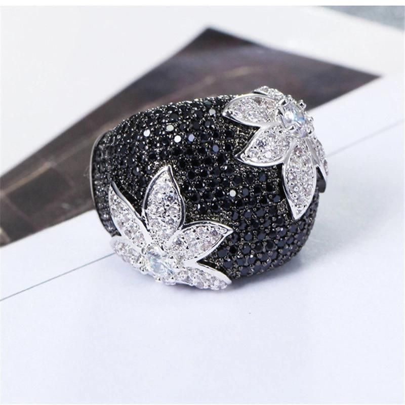 Vintage Exaggerated Flower Micro-Inlaid Zircon Ring Female Full Black Crystal Rings