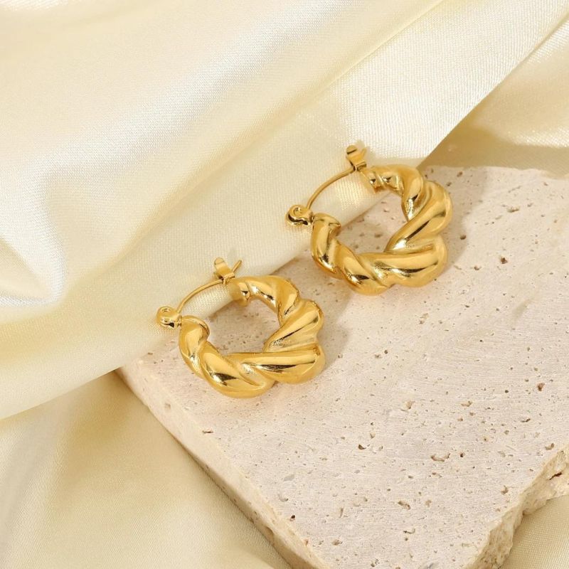 Custom Fashion Jewelry Chunky Waterproof Material Stainless Steel Twist Rope Circle PVD 18K Gold Plated Hoop Earrings