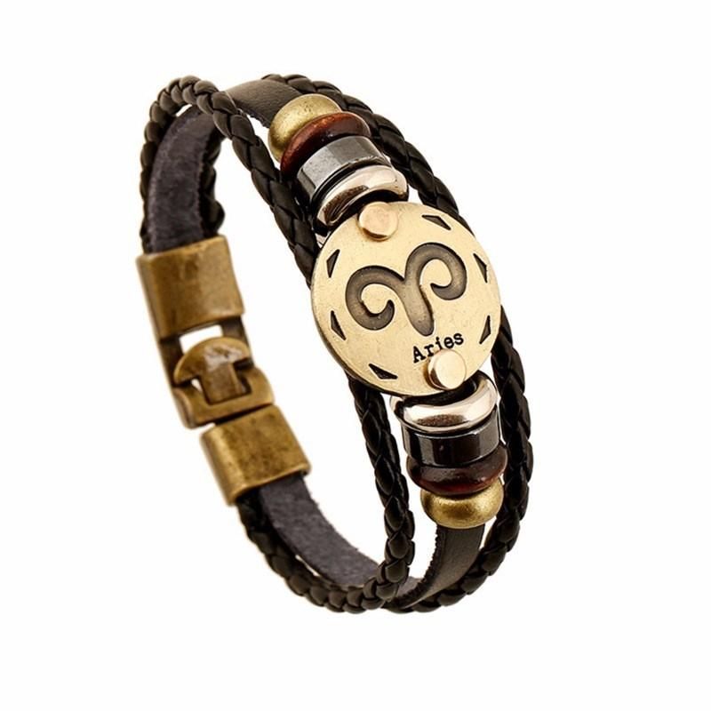 Bronze Alloy Buckles Zodiac Signs Punk Bracelets & Bangles Mens Leather Bracelets