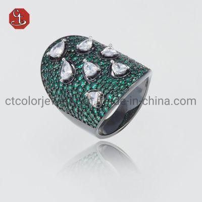 Wide Silver Rings Fashion Green CZ Ring with Black Plated