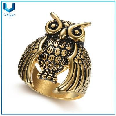 Wholesale Free Sample Owl Hip Hop Fashion Finger Ring, 3D Antique Gold Stainless Steel /Zinc Alloy Metal Ring