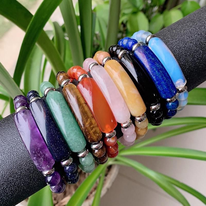 Natural Stone Bracelet Agates Lapis Fluorite Amethysts Rectangle Bar Charm Pink Quartz Purple Crystal Bracelet Healing Chakra