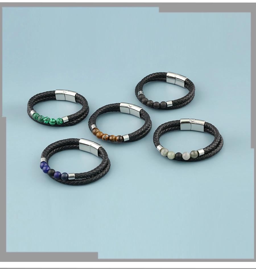 European and American Punk Stainless Steel Leather Magnetic Buckle Bead Bracelet