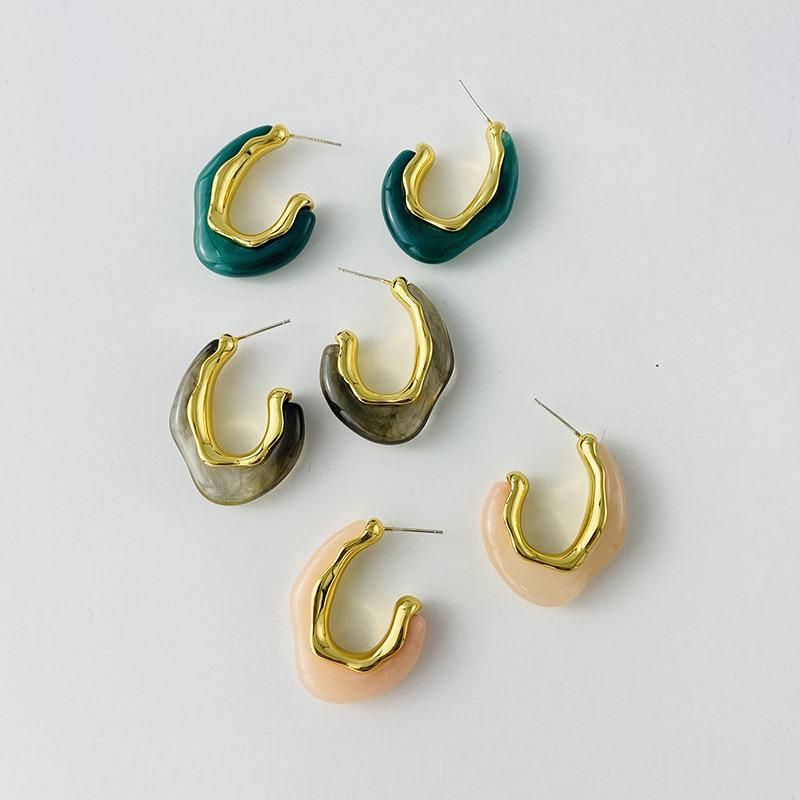 C-Shape Resin Ink Style Brass Silver Needle Earring